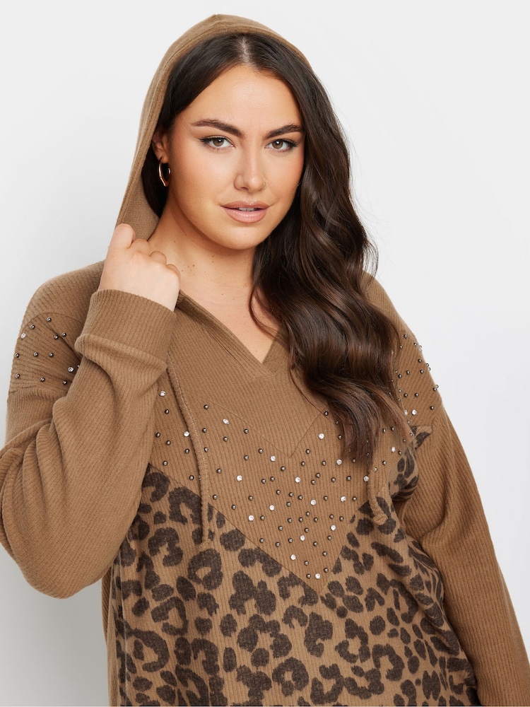 Yours Curve Natural Animal Print Embellished Hoodie - Image 4 of 5