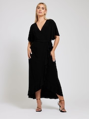 Yours Curve Black Ruffle Hem Wrap Dress - Image 1 of 5