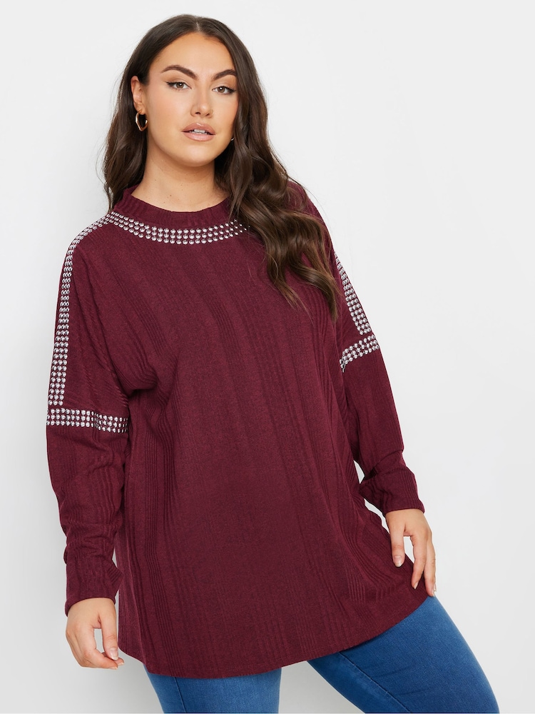 Yours Curve Red Studded Neckline Embellished Jumper - Image 4 of 5