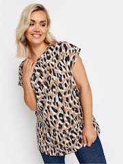 Yours Curve Natural Leopard Print Grown On Sleeve 100% Cotton T-Shirt - Image 1 of 5