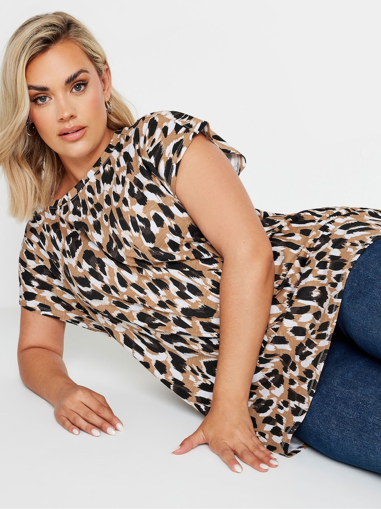 Yours Curve Natural Leopard Print Grown On Sleeve 100% Cotton T-Shirt - Image 2 of 5