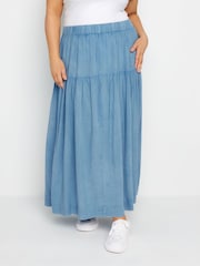 Yours Curve Blue Gathered Chambray Skirt - Image 1 of 6