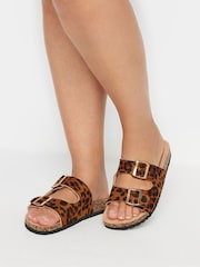 Yours Curve Brown Extra-Wide Fit Leopard Footbed Sandals - Image 1 of 5