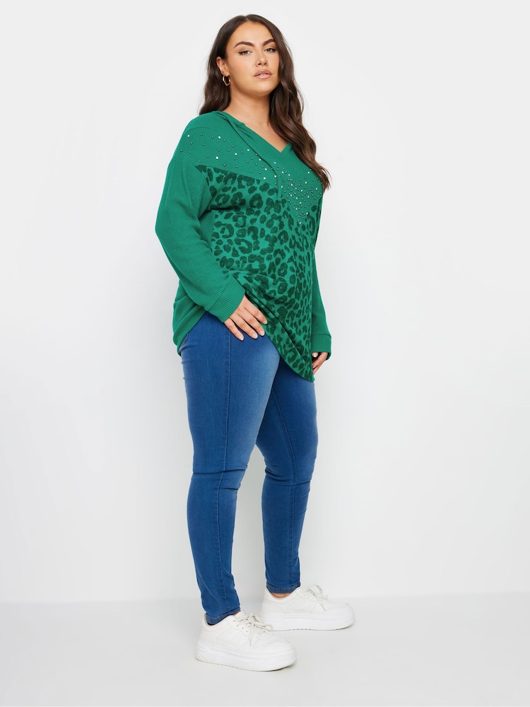 Yours Curve Green Animal Print Embellished Hoodie - Image 2 of 5
