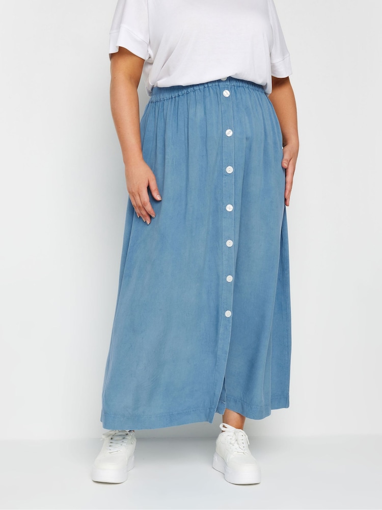 Yours Curve Blue Chambray Button Maxi Skirt - Image 1 of 5