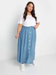 Yours Curve Blue Chambray Button Maxi Skirt - Image 2 of 5