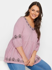 Pink - Yours Curve Embroidered 3/4 Smock 100% Cotton Tunic - Bild 1 von 5