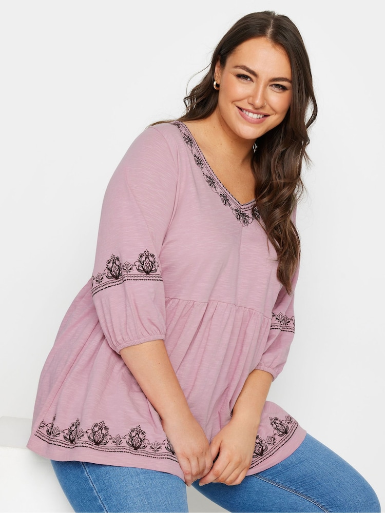 Pink - Yours Curve Embroidered 3/4 Smock 100% Cotton Tunic - Bild 1 von 5