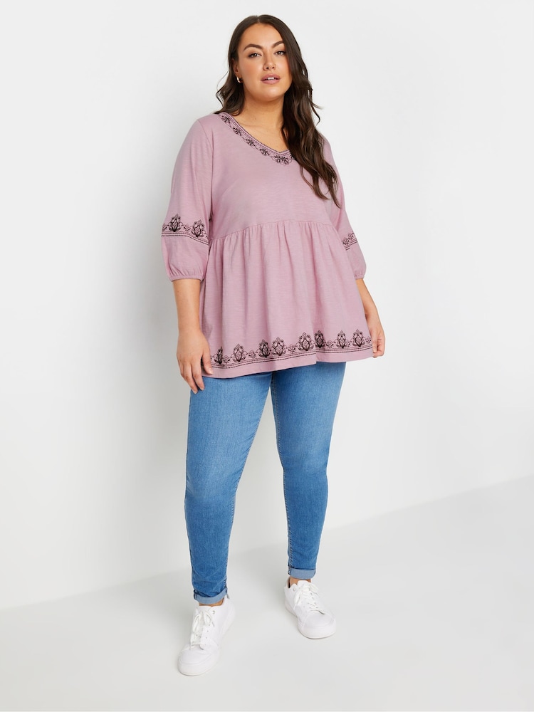 Pink - Yours Curve Embroidered 3/4 Smock 100% Cotton Tunic - Bild 2 von 5