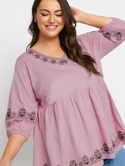 Pink - Yours Curve Embroidered 3/4 Smock 100% Cotton Tunic - Bild 4 von 5