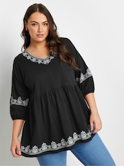 Schwarz - Yours Curve Embroidered 3/4 Smock 100% Cotton Tunic - Bild 1 von 5