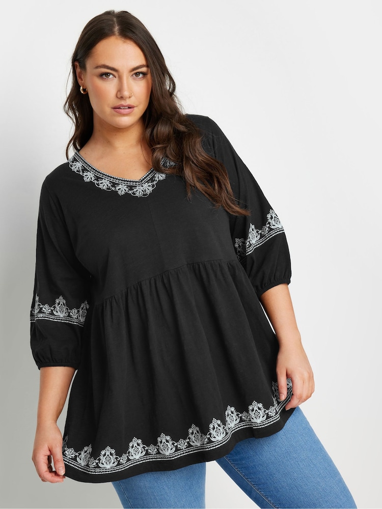 Schwarz - Yours Curve Embroidered 3/4 Smock 100% Cotton Tunic - Bild 1 von 5 Schwarz - Yours Curve Embroidered 3/4 Smock 100% Cotton Tunic - Bild 1 von 5