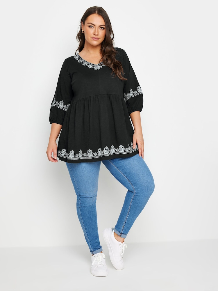 Schwarz - Yours Curve Embroidered 3/4 Smock 100% Cotton Tunic - Bild 2 von 5