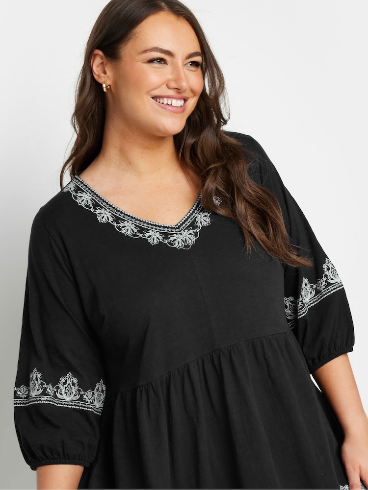 Yours Curve Black Embroidered 3/4 Smock 100% Cotton Tunic - Image 4 of 5