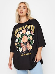 Yours Curve Black Oversized Wildflower Slogan 100% Cotton T-Shirt - Image 1 of 5