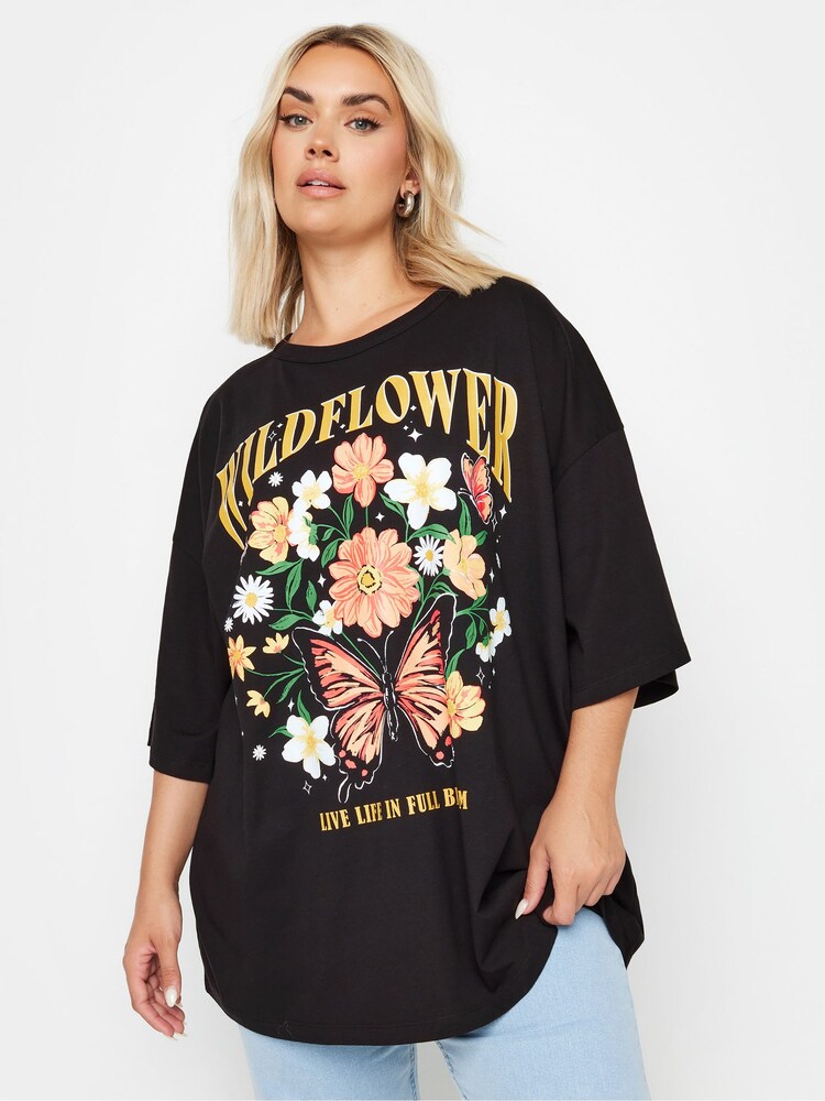 Yours Curve Black Oversized Wildflower Slogan 100% Cotton T-Shirt - Image 1 of 5