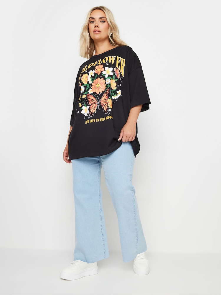 Yours Curve Black Oversized Wildflower Slogan 100% Cotton T-Shirt - Image 2 of 5