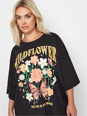 Yours Curve Black Oversized Wildflower Slogan 100% Cotton T-Shirt - Image 4 of 5