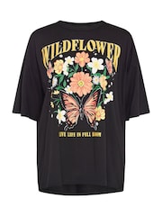 Yours Curve Black Oversized Wildflower Slogan 100% Cotton T-Shirt - Image 5 of 5