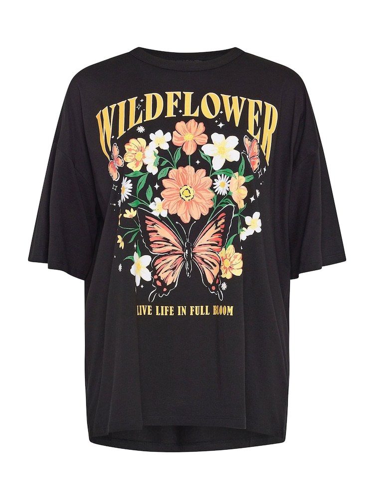 Yours Curve Black Oversized Wildflower Slogan 100% Cotton T-Shirt - Image 5 of 5