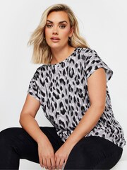 Yours Curve Grey Leopard Print Grown On Sleeve 100% Cotton T-Shirt - Image 1 of 5