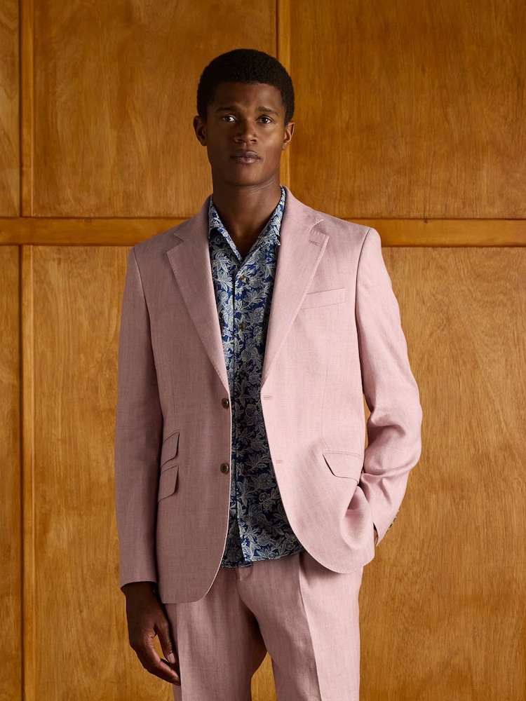 Joules Pink Linen Herringbone Slim Fit Suit Jacket - Image 1 of 12