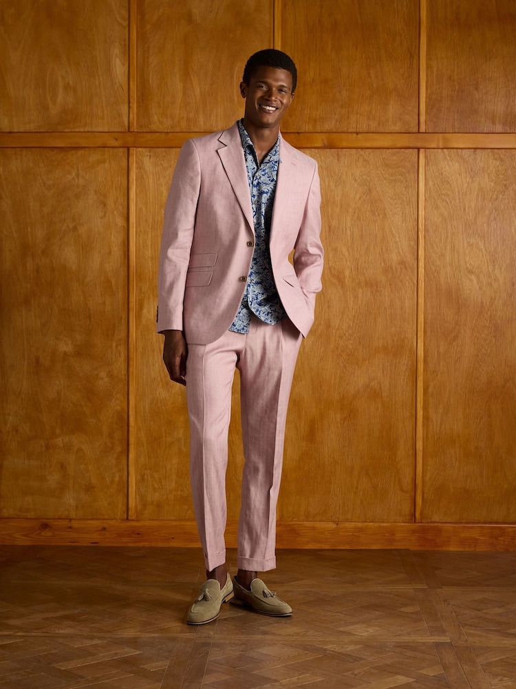 Joules Pink Linen Herringbone Slim Fit Suit Jacket - Image 2 of 12