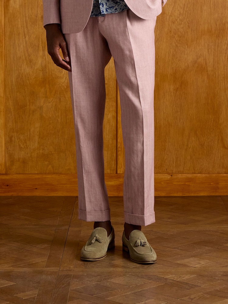 Joules Pink Slim Fit Linen Herringbone Suit Trousers - Image 1 of 8