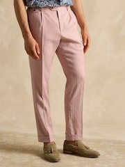 Joules Pink Slim Fit Linen Herringbone Suit Trousers - Image 4 of 8