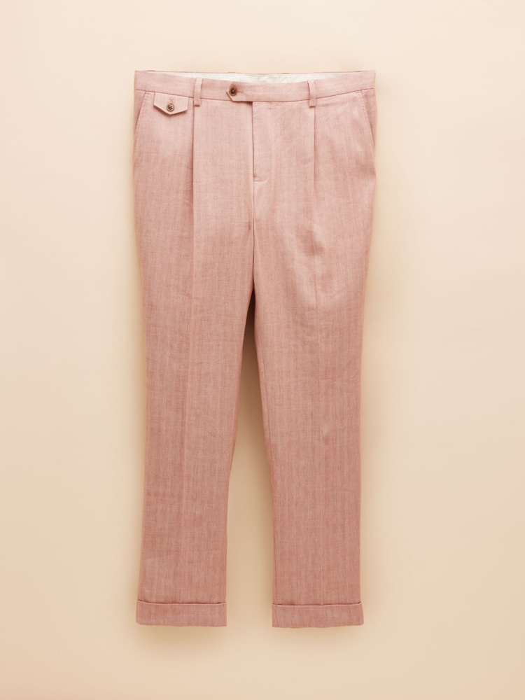 Joules Pink Slim Fit Linen Herringbone Suit Trousers - Image 8 of 8