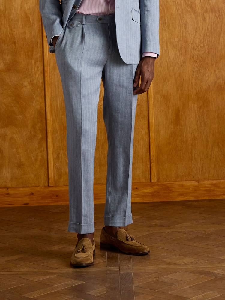 Joules Blue Slim Fit Linen Herringbone Suit Trousers - Image 1 of 7