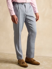 Joules Blue Slim Fit Linen Herringbone Suit Trousers - Image 3 of 7
