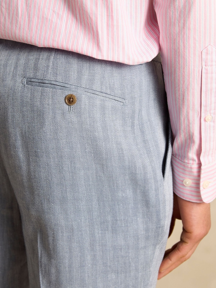 Joules Blue Slim Fit Linen Herringbone Suit Trousers - Image 7 of 7