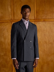 Joules Black Double Breasted Slim Fit Linen Stripe Suit - Image 1 of 10