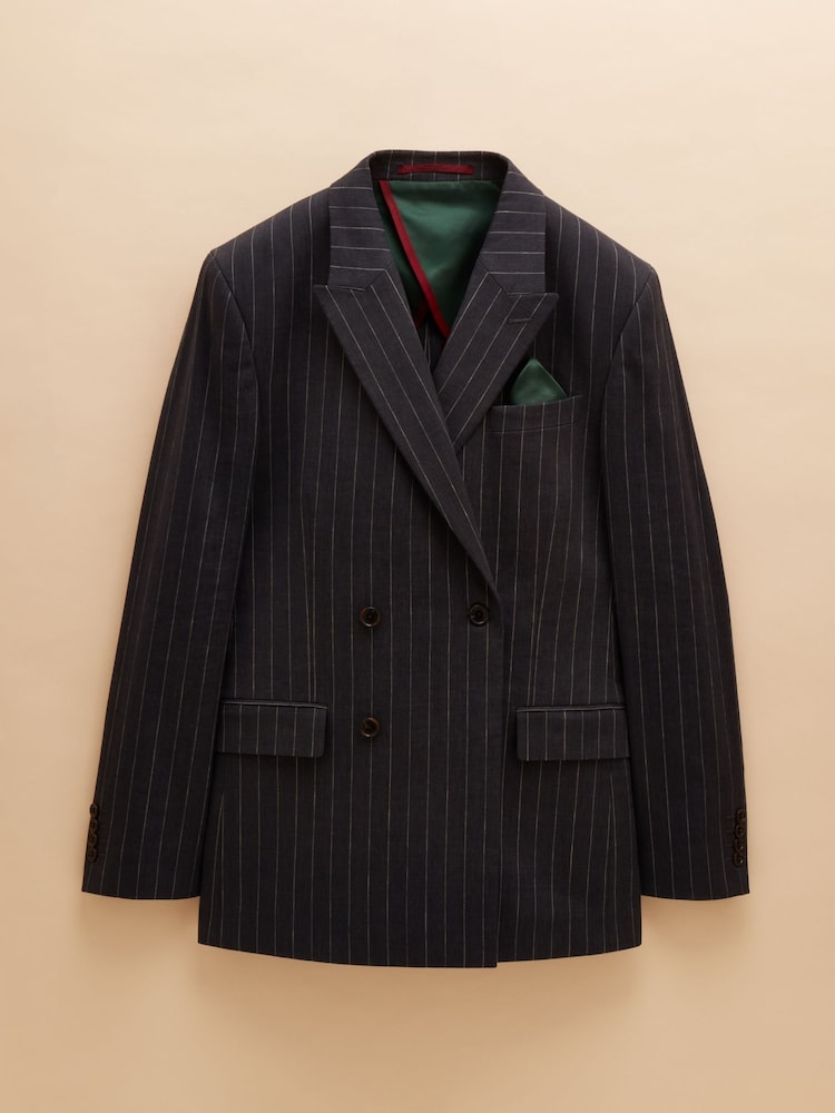 Joules Black Double Breasted Slim Fit Linen Stripe Suit - Image 10 of 10