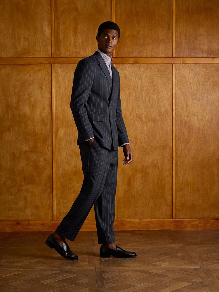 Joules Black Double Breasted Slim Fit Linen Stripe Suit - Image 2 of 10