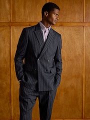 Joules Black Double Breasted Slim Fit Linen Stripe Suit - Image 3 of 10