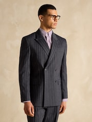 Joules Black Double Breasted Slim Fit Linen Stripe Suit - Image 4 of 10