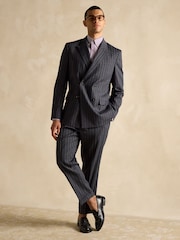 Joules Black Double Breasted Slim Fit Linen Stripe Suit - Image 7 of 10