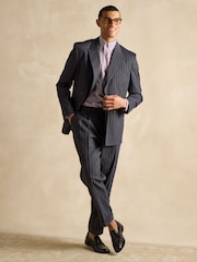 Joules Navy Slim Fit Linen Stripe Suit Trousers - Image 6 of 9