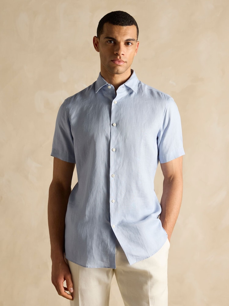 Joules Blue Short Sleeve 100% Linen Shirt - Image 1 of 6