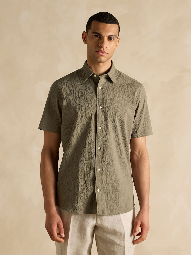 Joules Olive Green Short Sleeve Seersucker Shirt - Image 2 of 8