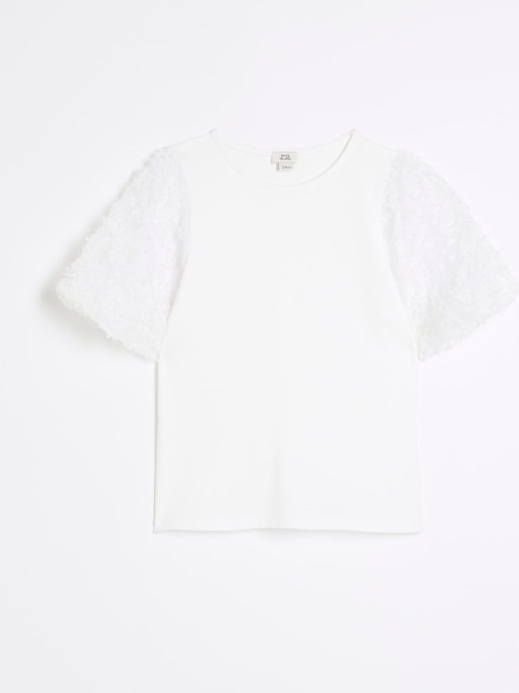 River Island White Girls Floral Print Mesh Sleeve 100% Cotton T-Shirt - Image 1 of 3