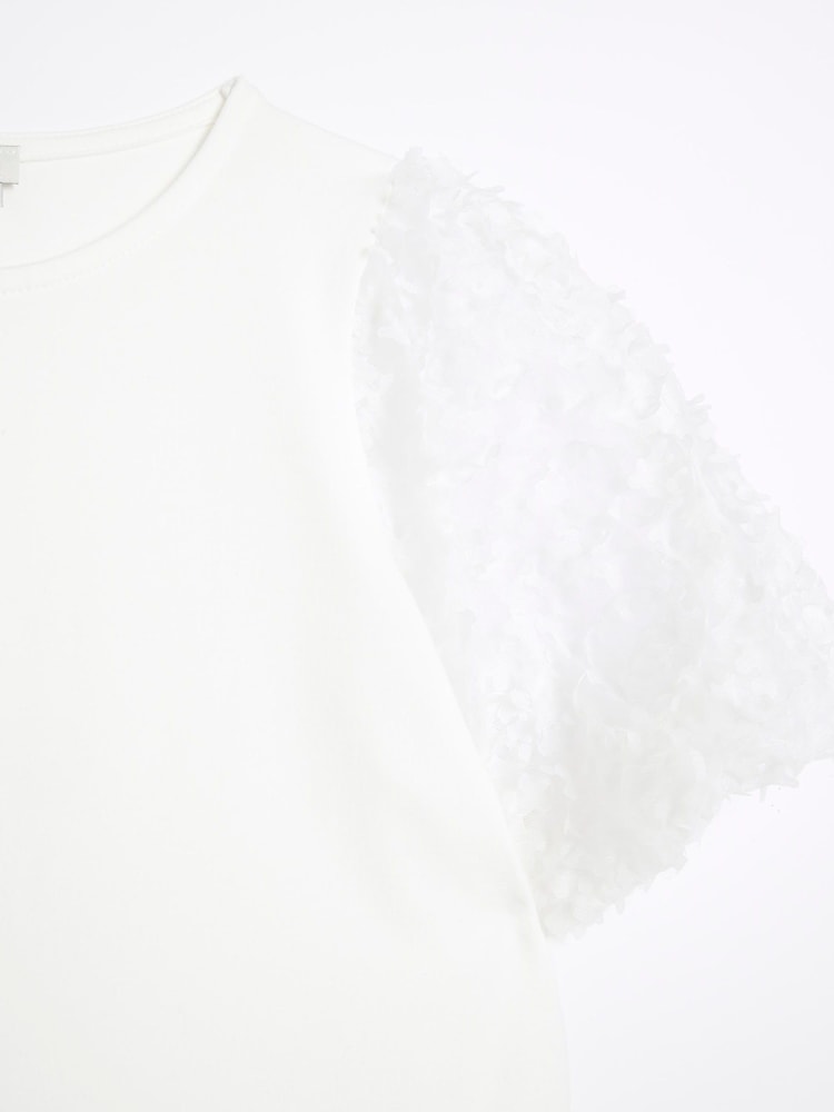 River Island White Girls Floral Print Mesh Sleeve 100% Cotton T-Shirt - Image 2 of 3
