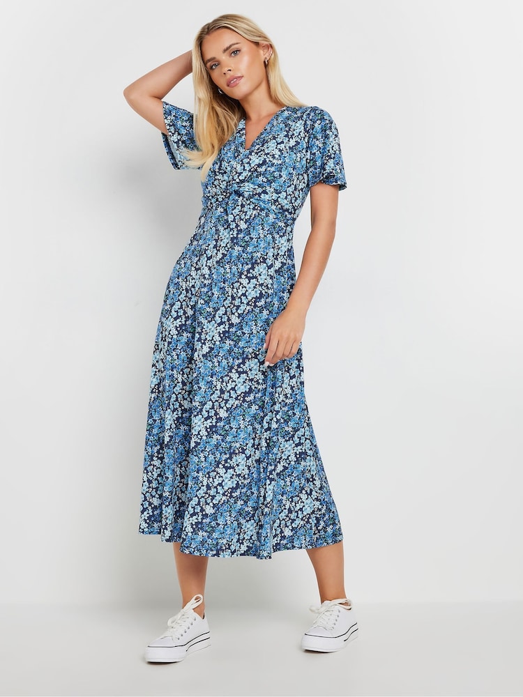 M&Co Blue Petite Ditsy Twist Front Jersey Dress - Image 1 of 5
