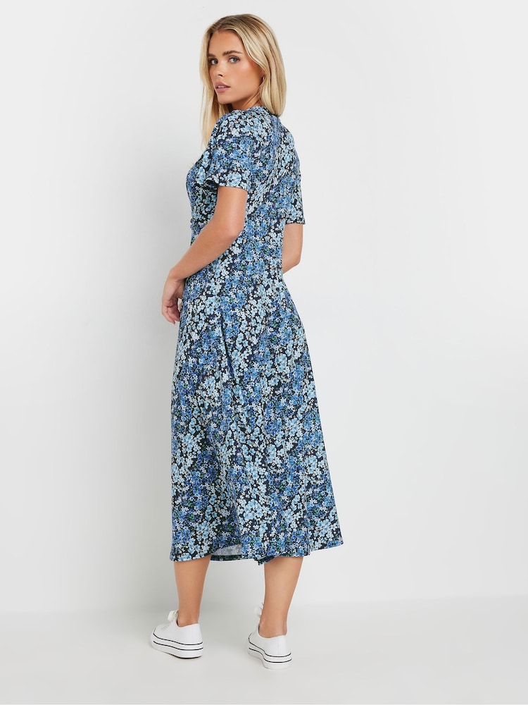 M&Co Blue Petite Ditsy Twist Front Jersey Dress - Image 3 of 5