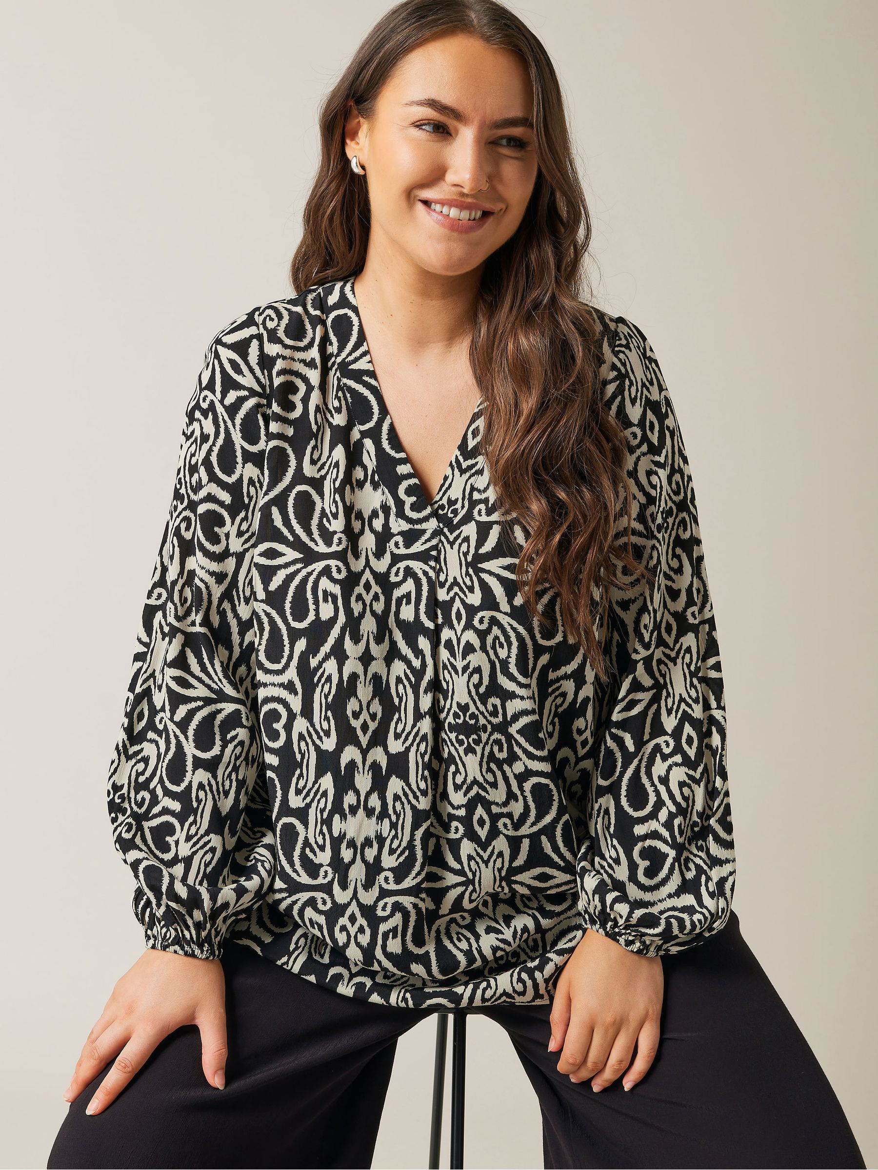 Plus Size Women's 3/4 Sleeve Tunic Blouse - Black/Cream/Grey Prints, Stretch, Round Neck