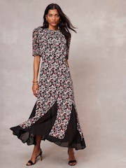Mint Velvet Black Floral Print Godet Maxi Dress - Image 1 of 4
