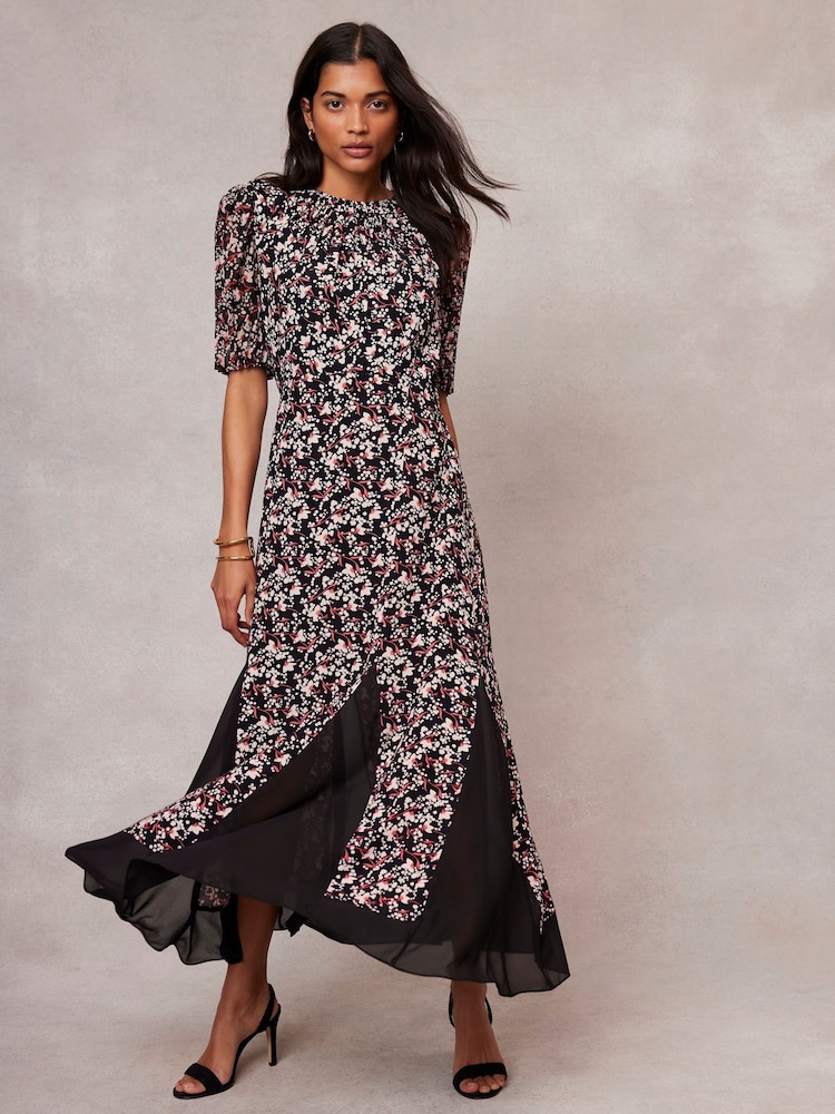Mint Velvet Black Floral Print Godet Maxi Dress - Image 1 of 4