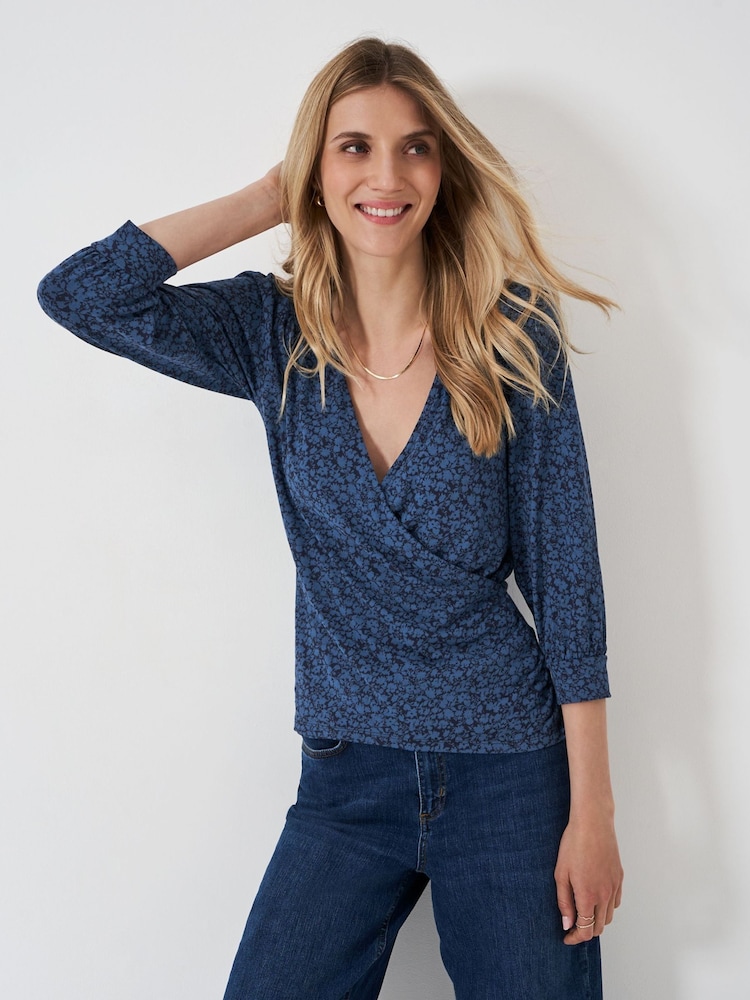Crew Clothing Company Sky Blue 3/4 Sleeve Wrap Top - Image 1 of 4